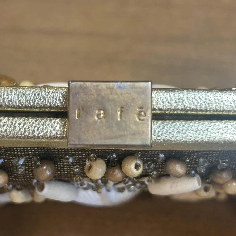 Rafe Clutch‎ Bag Womens Small Brown Straw Shell Beaded Chain Beach Purse